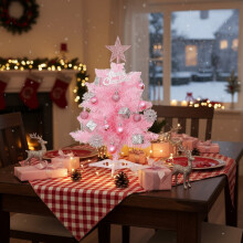 Sapin de Noël miniature de table de 40 cm avec décorations, étoile, flocons de neige et boîtes cadeaux – Décoration de bureau/cheminée rose