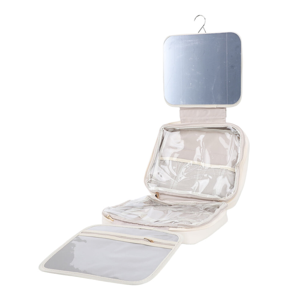 White Hanging Makeup Bag Travel Toiletry Organizer With Full Length Mirror And Metal Hook