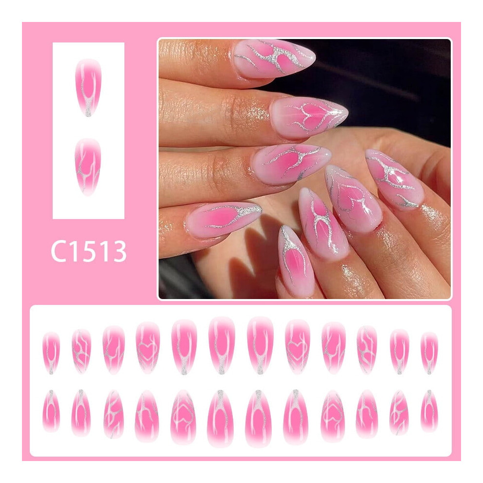 Press on Nails, Almond Fake Nails, Acrylic False Nail with Fire Design Glossy 24pcs