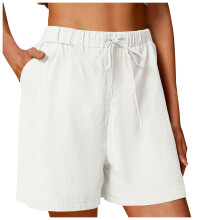 Shorts de linho femininos, de perna larga, na altura do joelho, para o verão, casuais, compridos, de cintura alta, estilo bermuda, com bolso.