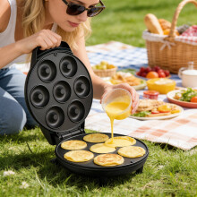 7-Hole Nonstick Electric Omelette & Pancake Pan, No-Flip Donut Griddle, Scald-Resistant Handle, Indicator Lights (Black, 9.8x7.9 in)