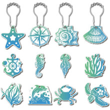 Lot de 12 anneaux de rideau de douche décoratifs en acier inoxydable, motif animaux marins, bleu océan.