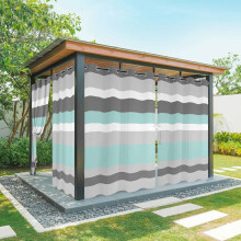 Cortinas externas com estampa geométrica listrada, impermeáveis, cinza e turquesa, com ilhós, para pátio, varanda, gazebo e pérgola – 1