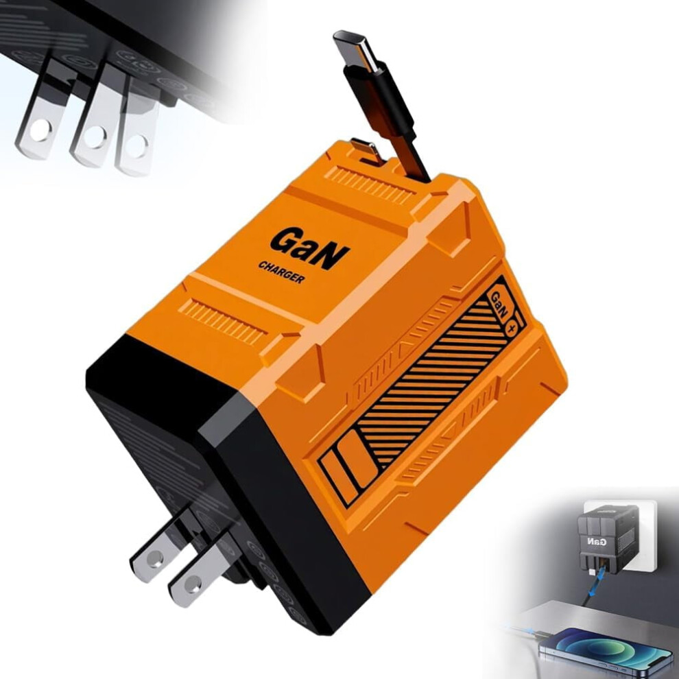 Thopbprk 2-In-1 Gan 120W Fast Charger With Retractable Cables, Cyber Foldable Design Â Compatible With Iphone/Samsung Orange 9551475106656