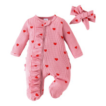 Nyfødt spædbarns-rokker til babypige Tøj Hjerteprint Langærmet Flæsefodet Jumpsuit Med Pandebånd Valentinsdag 2PCS Sæt Hyggelig Heldragt