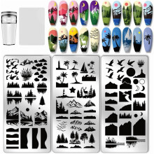 Juego de 3 placas para estampar uñas con motivos de bosque y montaña