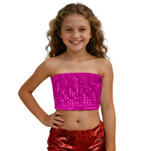 AWZXDE Mädchen Glitzerndes Pailletten-Wickel-Crop-Bandeau-Top für Tanz, Cheerleading, Fotoshootings und Kinderbekleidung, Pink, 4-5 Jahre