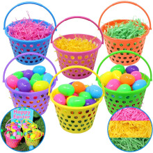 Lot de 6 paniers de Pâques en plastique avec poignée, 23 x 19 cm, en gazon tricolore (55 g), pour la chasse aux œufs, les cadeaux et la
