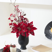 Hochwertige rote künstliche Weihnachtsblumen – Festliches Blumenarrangement mit Vase, elegante Weihnachtsdekoration für das Wohnzimmer