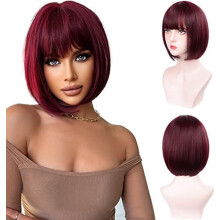 Perruque bob avec frange, perruque bordeaux pour femme, perruque rouge, perruque courte et lisse, perruque synthétique en fibres, perruques