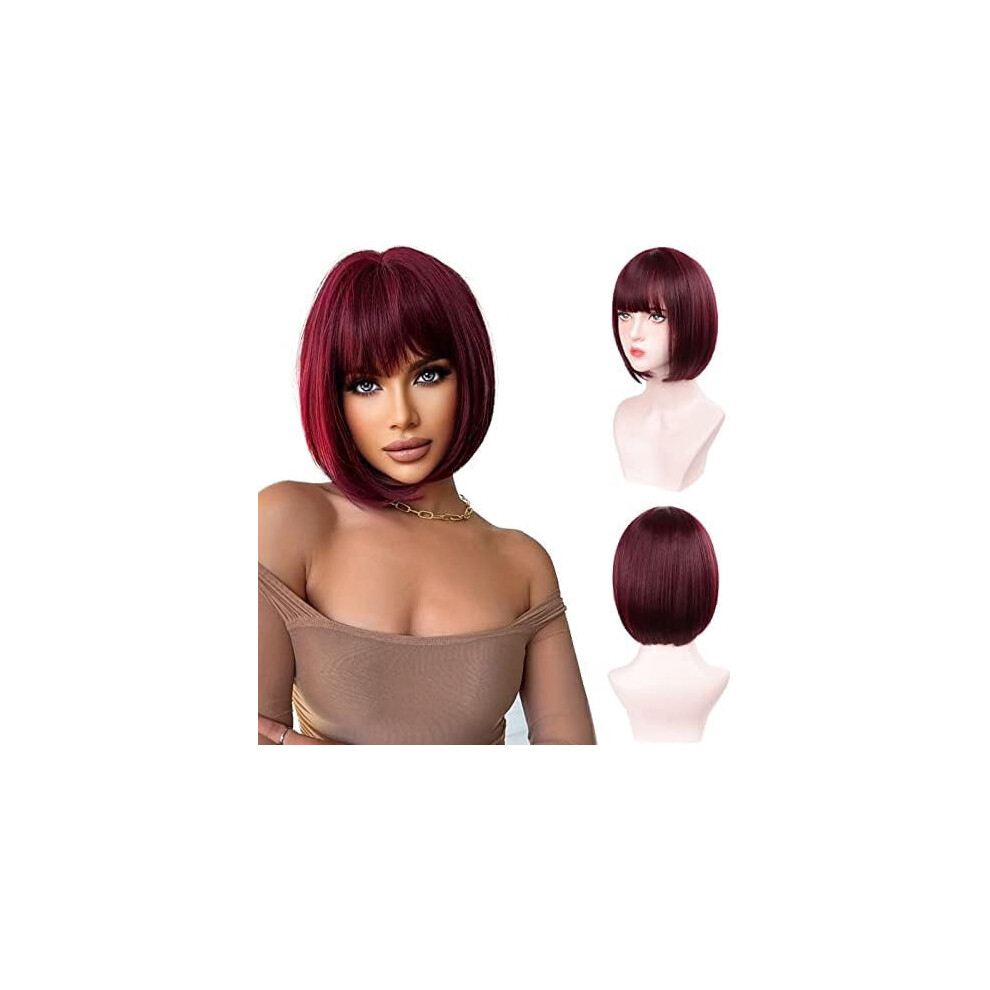 Unisex Red Bob Wigs With Bangs Burgundy Wig For Women Wig Short Straight Wig Fiber Synthetic Wig Halloween 99J Colorful Wigs Party Wigs