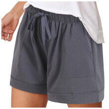 Shorts femininos casuais com bolsos, cordão na cintura elástica, em algodão, tamanhos grandes, para praia e férias, tendência verão 2025.