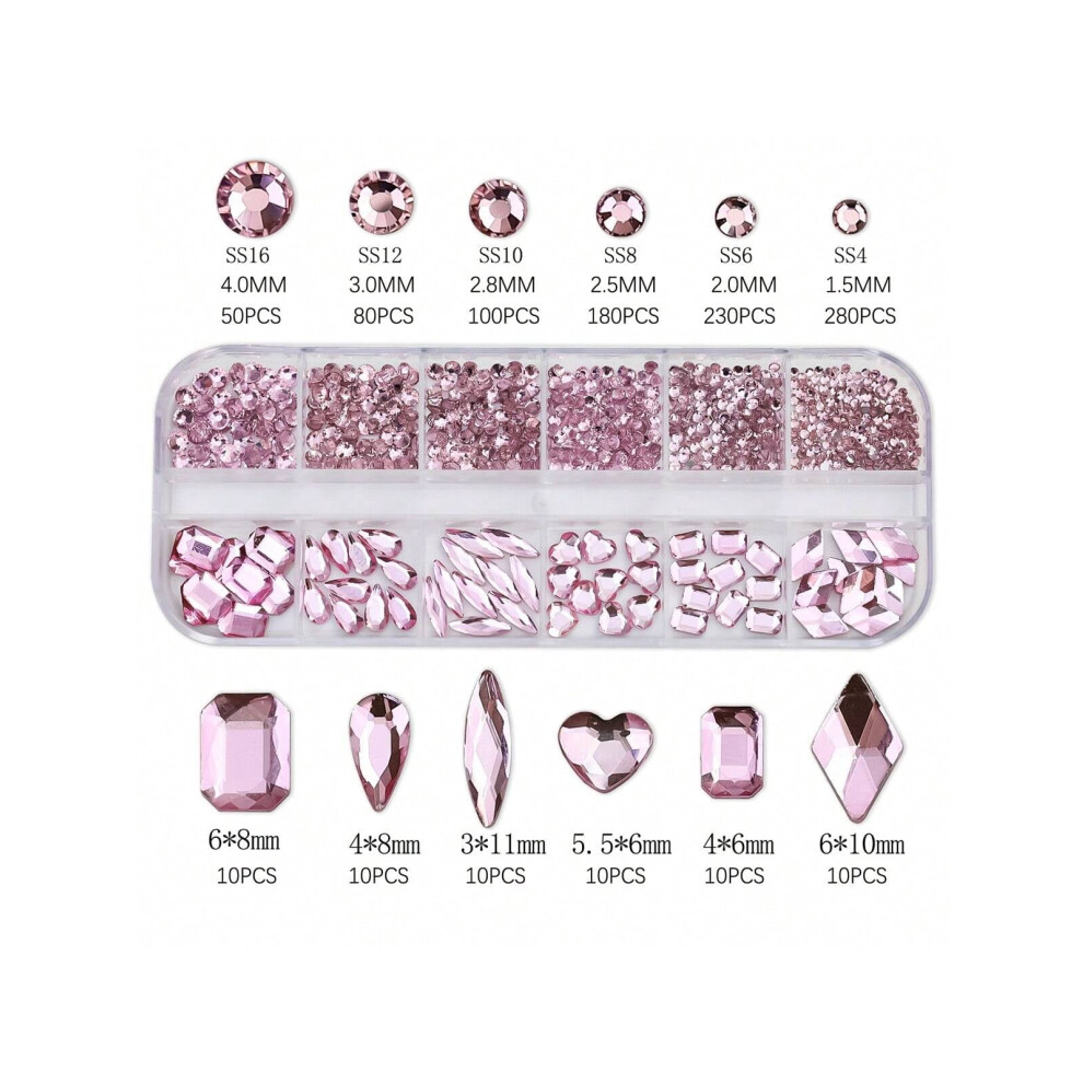 Pink Nail Rhinestones 6 Shapes 6 Sizes 1.5-4.5mm 12 Grids