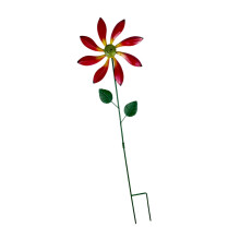 Iron Daisy Wind Spinner with Stake Kinetic Yard Art for Lawn Outside Pathway red