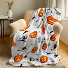Halloween Flannel Blanket 60x50 Inch – Ghost & Pumpkin Design, Soft Black Fuzzy Throw for Sofa, Chair, Bed, Farmhouse Home