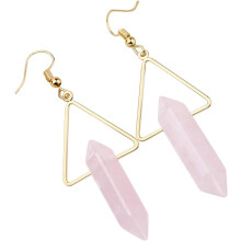 Stone Dangle Drop Earrings for Women, Hexagonal Double Points Healing Crystal Quartz Gold Plated Triangle Earrings with Hook