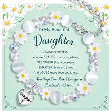 Adjustable Daisy & Cat Eye Heart Charm Bracelet with Inspirational Card – Birthday/Christmas Gift for Daughter, Granddaughter, Niece