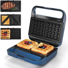 3-in-1 Electric Sandwich Maker, Waffle & Panini Press (850W), Removable Non-stick Plates, Glass Top, Cool Touch Handle – Blue