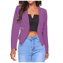 Cotton Linen Blazers for Women 3/4 Sleeve Casual Lapel Suit Jackets Open Front Single Button Office Formal Cardigan Purple, XL