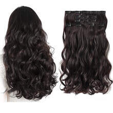 Extensiones de cabello sintético ondulado de color marrón oscuro con clip, 45 cm (18 pulgadas), 5 piezas, apto para Halloween y uso diario.