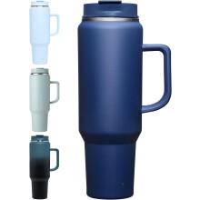 Gobelet isotherme de 1,5 L avec poignée, couvercle et paille, grande bouteille d'eau, tasse à café isotherme de voyage en acier inoxydable, bleu
