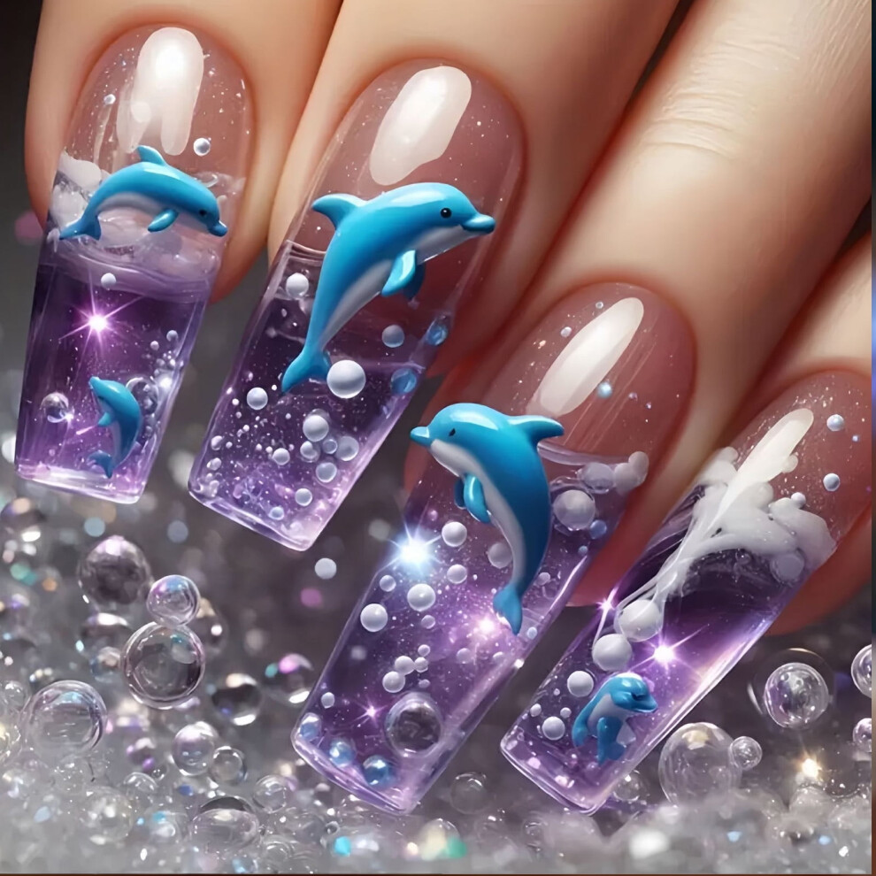 Blue 24Pieces Glossys Translucent Dolphins Mediums Square Abs Fakes Nails For Special Occasions