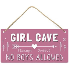 Girl Cave Sign, Teen Girls Room Decor, 12 * 6 Wall Hanging Decoration, Girls Only No Boys Allowed Except Daddy for Little Girls Bedroom