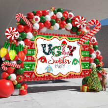 Kit de décoration pour une fête de pulls de Noël moches, arche de ballons de 142 pièces avec fond, ballons verts, rouges, dorés et blancs pour