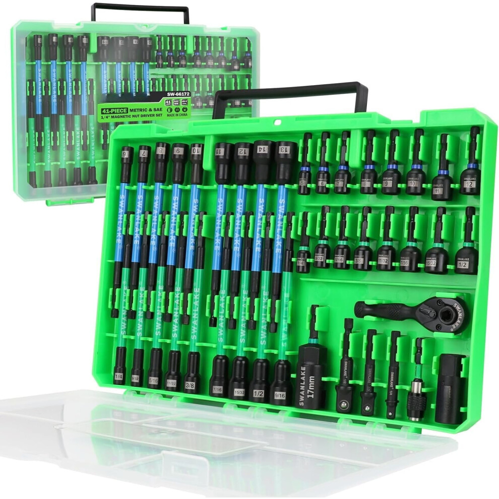 41-Pc Nut Driver Set For Impact Drill (Metric & Sae), With Adapter, 2-In-1 Ratchet, Wing Nut Driver, Universal Socket, 1/4" Quick-Change Bit Holder 9450273979328