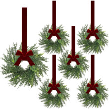 Conjunto de 6 mini guirlandas de cedro de 40 cm com fita de veludo bordô – toque realista, para porta, cadeira, janela, lareira – decoração