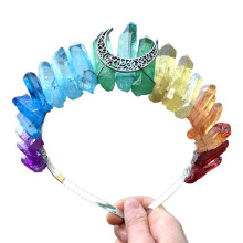 Curcubeu multicolor pentru coroană de cristal de cuarț brut cu bandă de susținere cu diademă de lună antică metalică scobită accesorii de