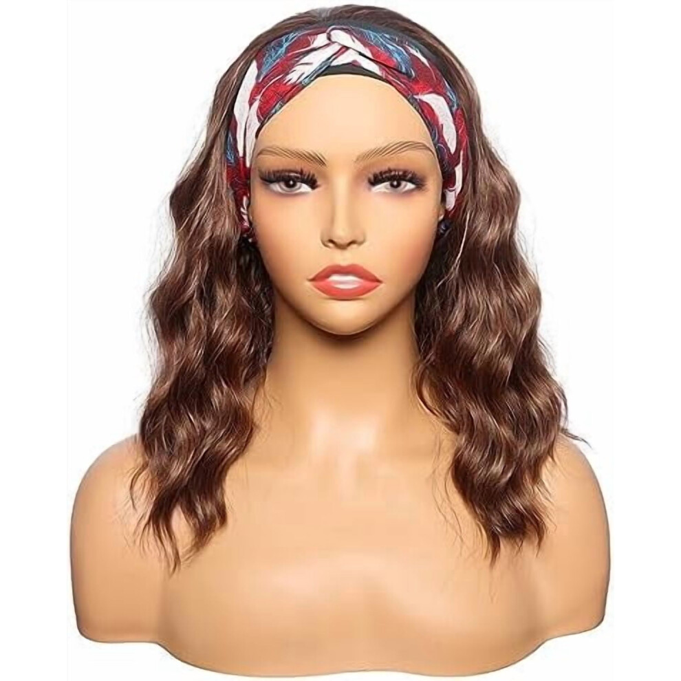 Unisex Black,Brown Light Brown 14" Brown Wavy Headband Wig For Black Women Â Synthetic Half Wig With Black Headband, Turban Style