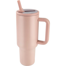 Gobelet isotherme de 1,2 L avec poignée, couvercle à paille rabattable et base en caoutchouc – Mug sous vide étanche pour femmes/hommes (rose