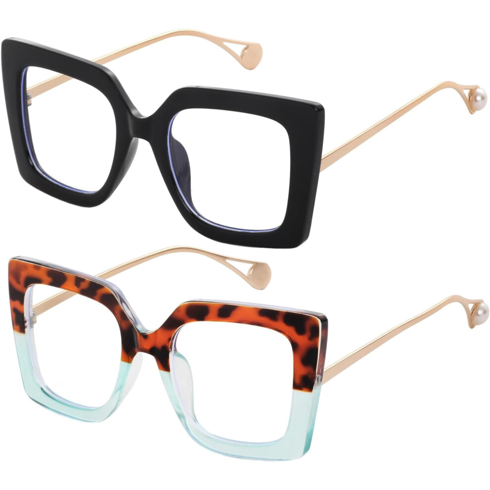 Square Blue Light Blocking Glasses for Women Thick Fashion Inlay Arm Eyewear Computer Eyeglasses