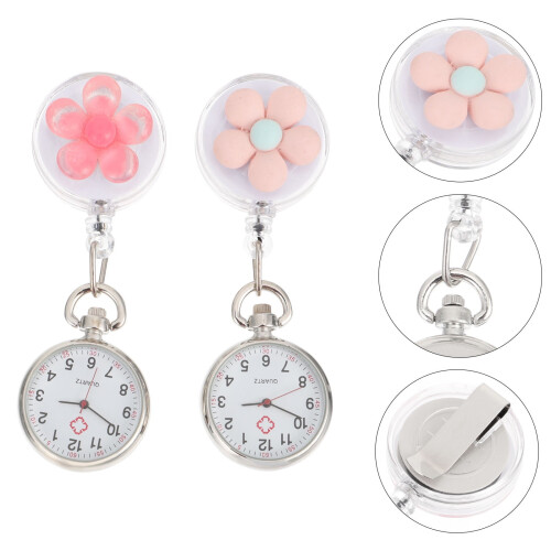 2Pcs Retractable Pocket Watch for Nurses with Large Arabic Numbers Assorted Colors