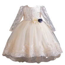 Vestido de princesa infantil de manga comprida com estampa floral na cor champanhe.