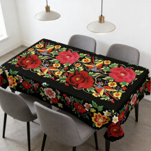 Nappe à motifs floraux d'art populaire mexicain, bleu marine avec broderies colorées, rectangulaire (152 x 220 cm) et ronde, bord festonné