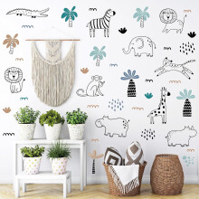 Safari Wildlife Animal Wall Decals Line Art Peel & Stick Decor for Kids' Room & Nursery