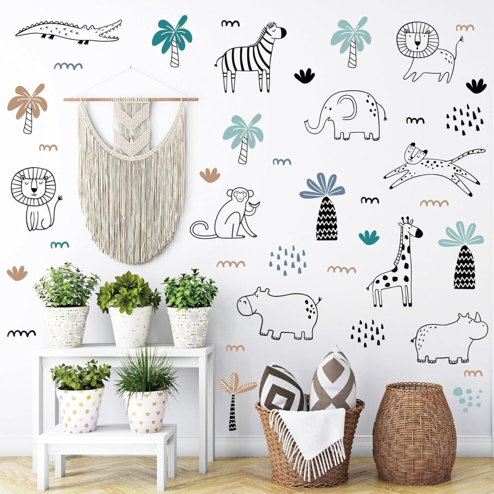 Safari Wildlife Animal Wall Decals Line Art Peel & Stick Decor for Kids' Room & Nursery