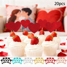 Valentine's Day Party Decorations | Glitter Paper Heart Cake Toppers | Dessert Picks, Multicolor, 20-Pack | Shiny Flag Inserts, Durable, Easy Use