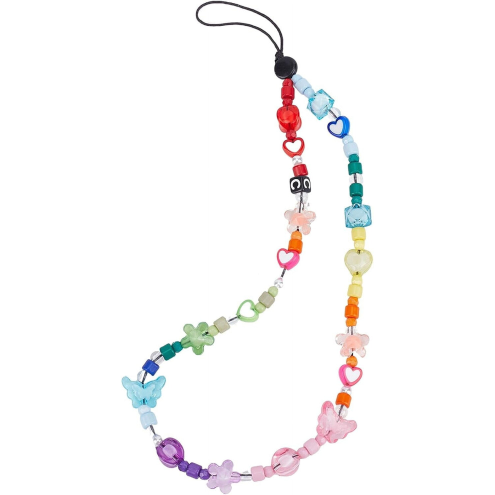 Rainbow Resin Beaded Mobile Phone Lanyard Wrist Strap Cute Phone Charm Star Butterfly Phone Anti-Lost Chain For Women Girls Colorful 23.5Cm 9402001214355