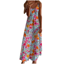 Dam Långa Strandklänningar Spaghettiband Sommar Sexig V-ringad Camisole Maxiklänning - Vintage Blommigt Mönster A-linje Böljande