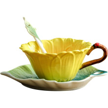 3D Ceramic Coffee Mug & Saucer Set with Spoon, Floral Vintage Design, 6oz Pink – Compatible with Dishwasher