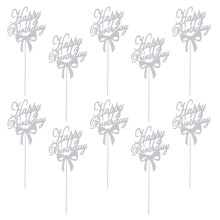 10pcs Glitter Bowknot Happy Birthday Cake Picks Silver