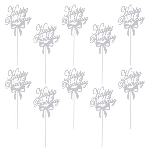10pcs Glitter Bowknot Happy Birthday Cake Picks Silver