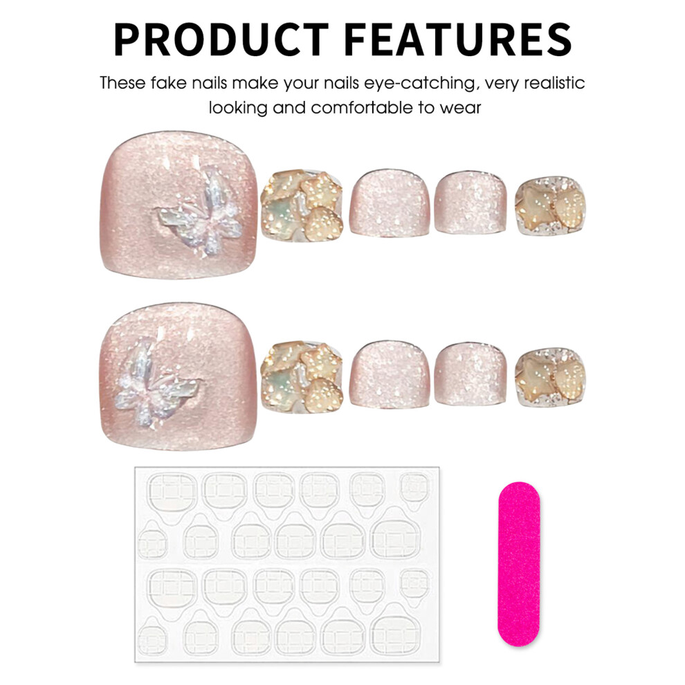 Bright-Home (L) 10Pcs Pink Cat Eyes Press On Toenails Ultra-Flexible Long Lasting Fake Nails For Manicure Lovers And Beauty Bloggers