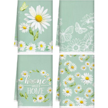 Conjunto de 2 panos de prato com estampa de margaridas, design floral rústico, absorventes, nas cores verde e branca, ideais para cozinhar e limpar