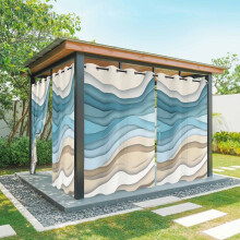 Teal Blue Waterproof Outdoor Curtains, Brown Abstract Water Ripple Ombre Geometric Grommet Drape for Patio, Porch, Gazebo, Pergola – 1 Panel,