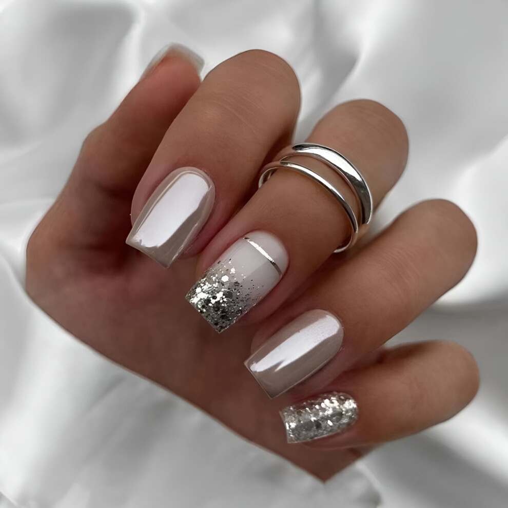 Silver 24Pcs Nail Tips Diy Fake Nails Glitter False Nails French Long Square