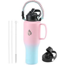 Isolierte 1,2-Liter-Wasserflasche, hält 48 Stunden kalt, Edelstahl mit Griff, Strohhalmdeckel und Paracord, dreiwandig, vakuumdicht, passt in